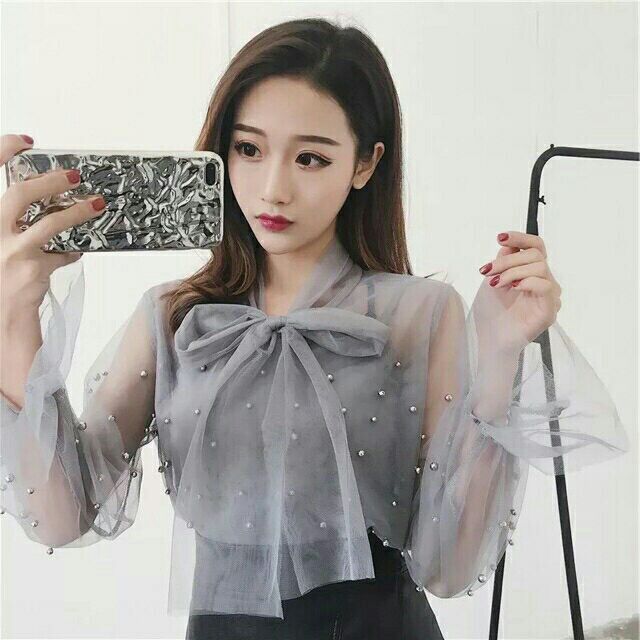 Áo voan kiểu đính ngọc phối nơ