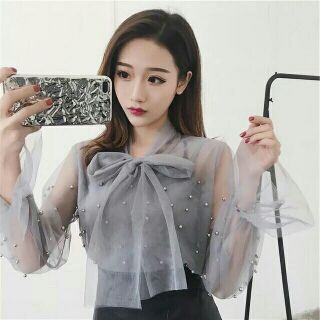 Áo voan kiểu đính ngọc phối nơ