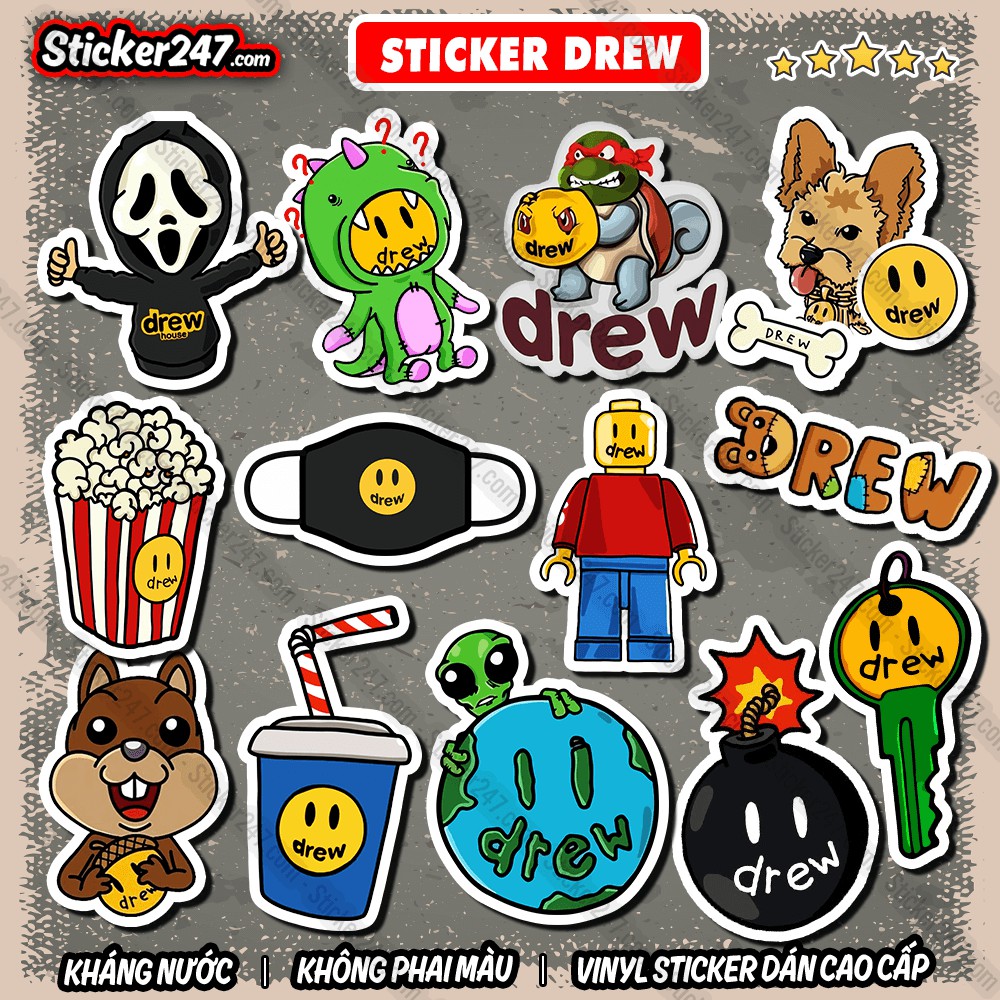 Sticker Drew 𝑭𝒓𝒆𝒆𝒔𝒉𝒊𝒑 Sticker Dán Mũ Bảo Hiểm, Dán Vali, Đàn Guitar - Hình Dán Chống Thấm Nước - Cắt Sẵn