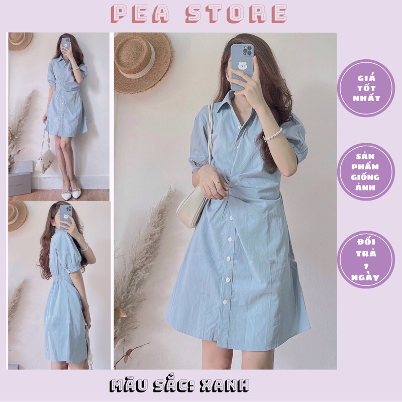 Váy Sơ Mi Xoắn Eo Cúc Dọc/Váy Thiết Kế Xếp Li Dúm Eo [Ảnh thật/Sẵn]