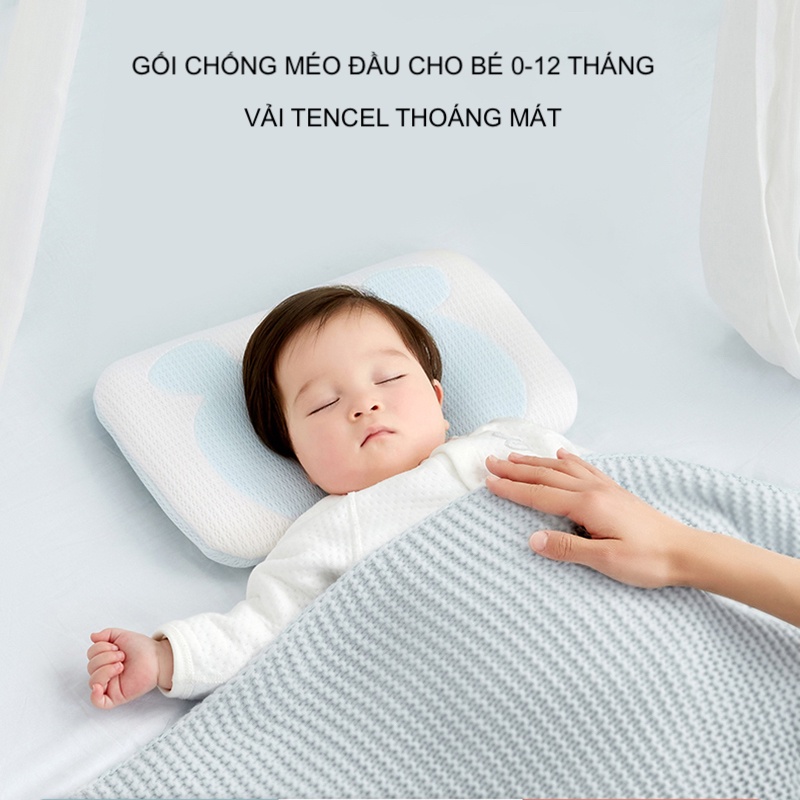 Gối Chống Méo Đầu Độ Dày Bằng 0 Vải Tencel Thông Khí Thoáng Mát Có Thể Giặt Cho Bé Từ 0-12 Tháng