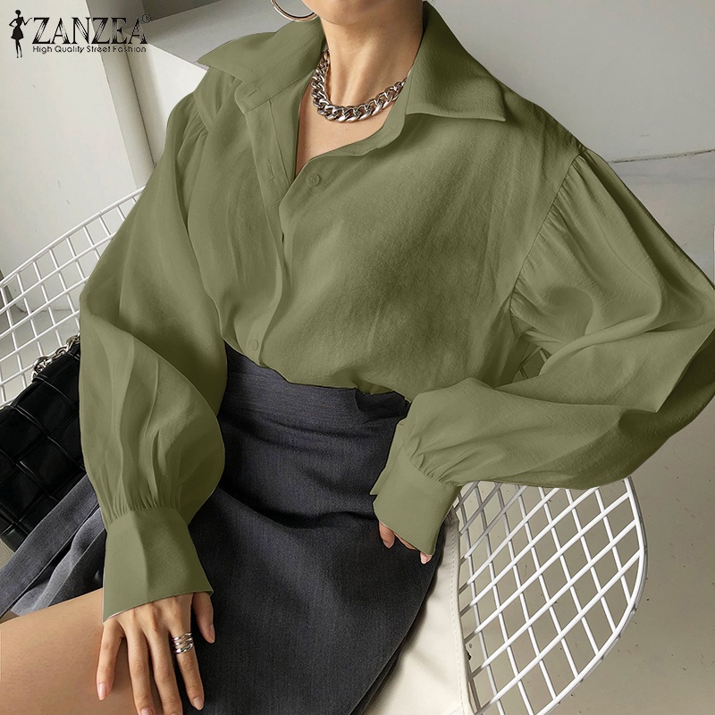 Áo sơ mi ZANZEA tay phồng dài cổ tay áo gài nút màu trơn vintage cho nữ