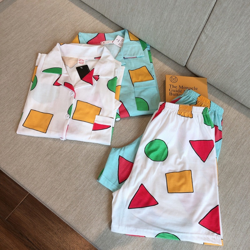 Bộ Đồ Ngủ 2 Món Tay Ngắn Dáng Rộng Cài Khuy Họa Tiết Hình Học Nhiều Màu Thời Trang Mùa Hè Cho Bạn Gái