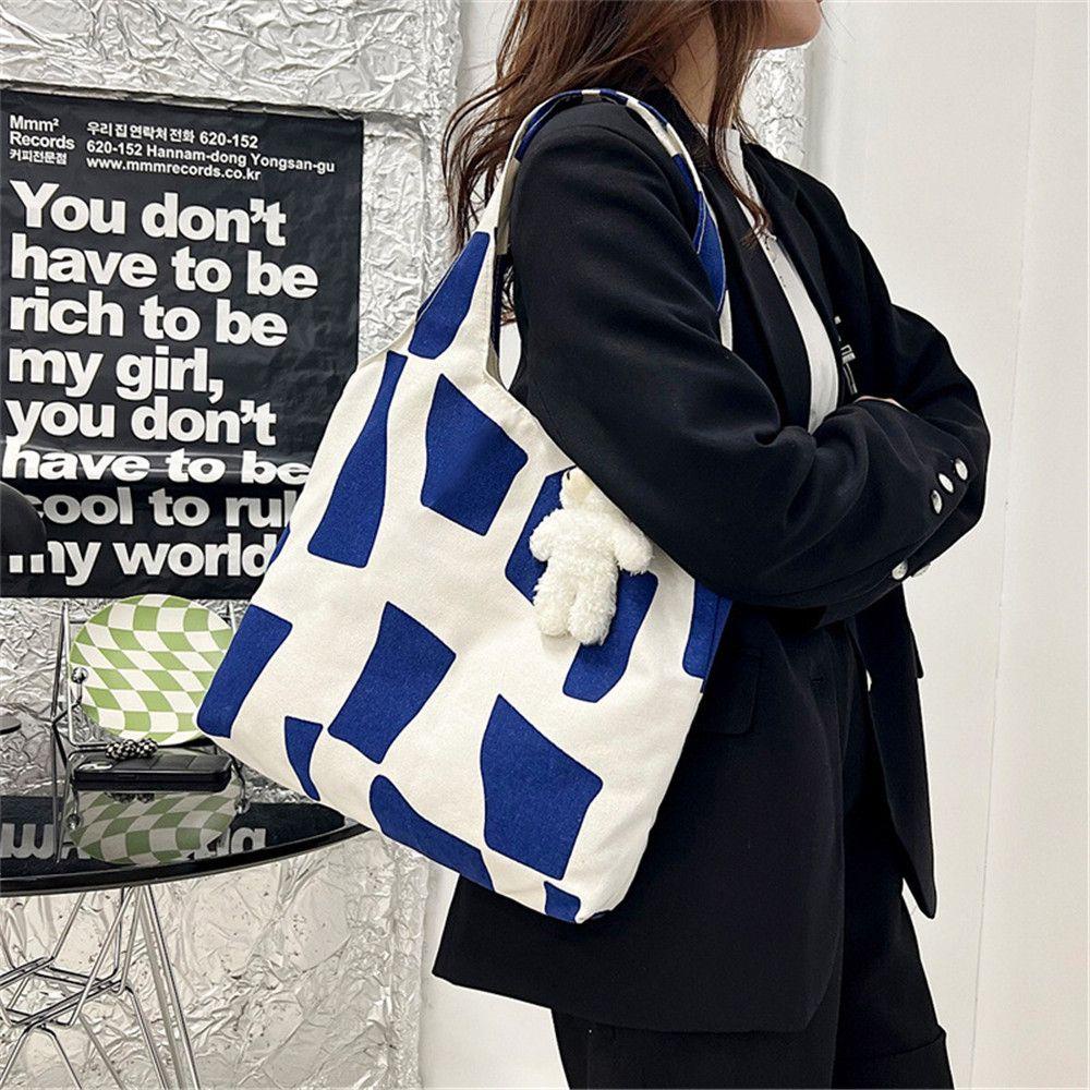 Túi Tote Đeo Vai Vải Canvas Cỡ Lớn In Họa Tiết Hình Học Dễ Thương Cho Nữ