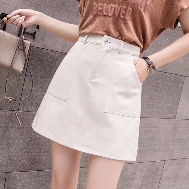 Chân váy cạp cao chữ A chất liệu denim có túi hàng đẹp dày dặn