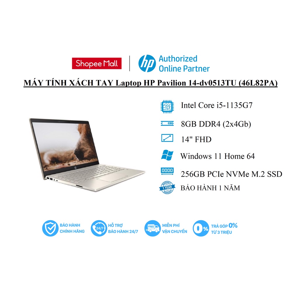 [Mã ELHP15 giảm 10% đơn 15TR] Laptop HP Pavilion 14 (46L82PA) / i5-1135G7/ 8GB/ 256GB SSD/ 14&quot;FHD/ Win 11/ Gold