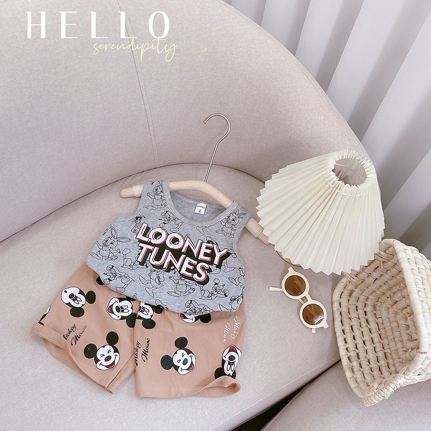 Bộ Quần Áo Trẻ Em 3 Lỗ In Hình Micky TUNES Vải Cotton Tàu Dễ Thương Cho Bé Từ 7-19kg Mã BL34