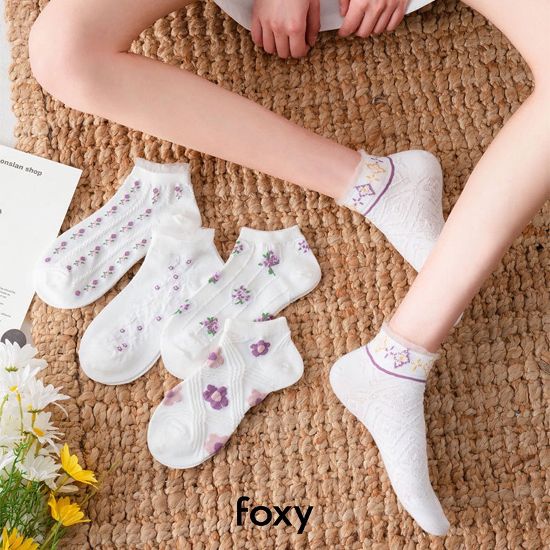 Tất Nữ Cổ Thấp Màu Trắng Phong Cách Nhật Bản Cổ Ren Hoạ Tiết Hoa Cỏ Dễ Thương Foxy - FOS003