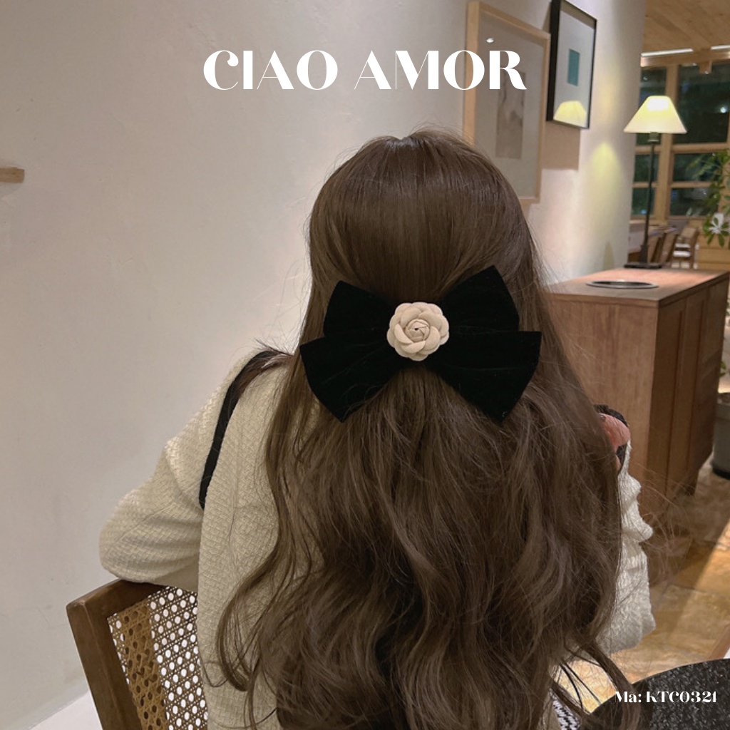 Kẹp tóc nữ, Kẹp tóc nơ to bản da lộn đính hoa CN hottrend sang trọng Phụ kiện tóc Trang sức Ciao Amor - KTC0321