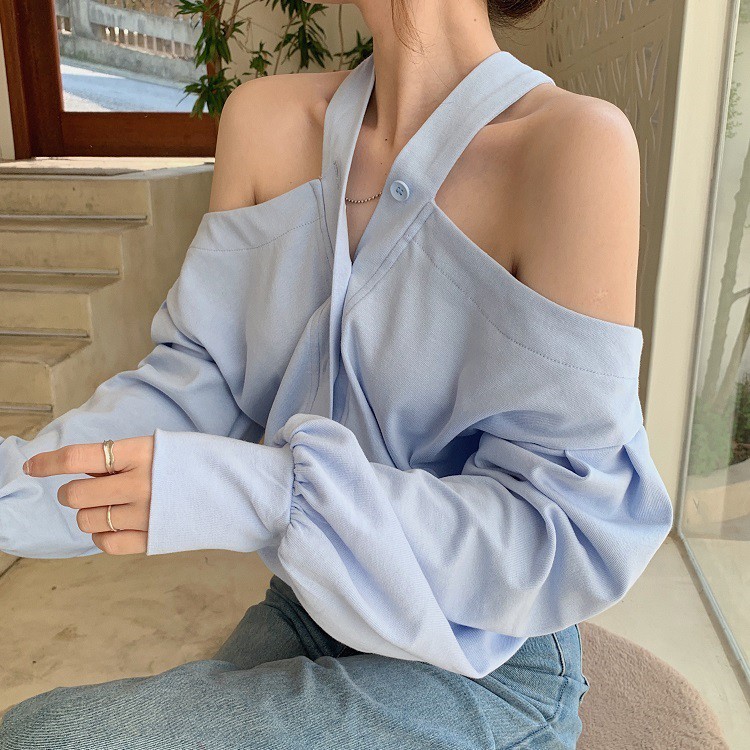 Áo kiểu trễ vai, đan chéo trước ngực, hàng Quảng Châu cao cấp, màu xanh pastel chất liệu thun mát, nhẹ nhàng, thanh lịch