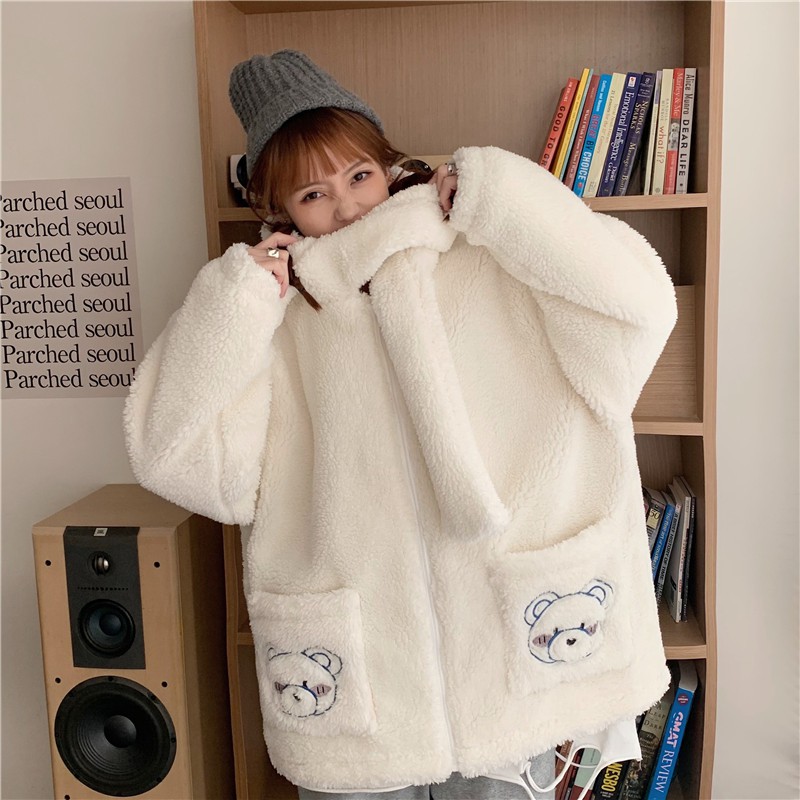 Áo khoác BEAR lông cừu nữ có mũ kèm khăn xinh xắn _ VENUS