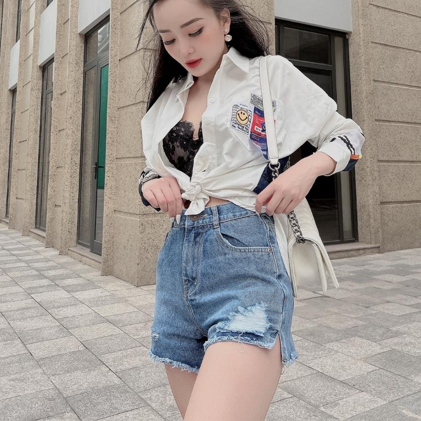Quần short jean nữ Jeanny Jeans cạp cao không co giãn, Quần sooc bò nữ rách dày dặn cá tính 98