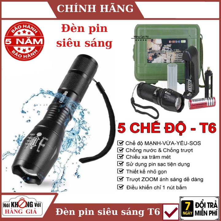 Đèn pin siêu sáng 5 chế độ  cao cấp XML - T6 - sạc pin - chiếu siêu xa - đèn pin sạc , đèn pin tựi vệ