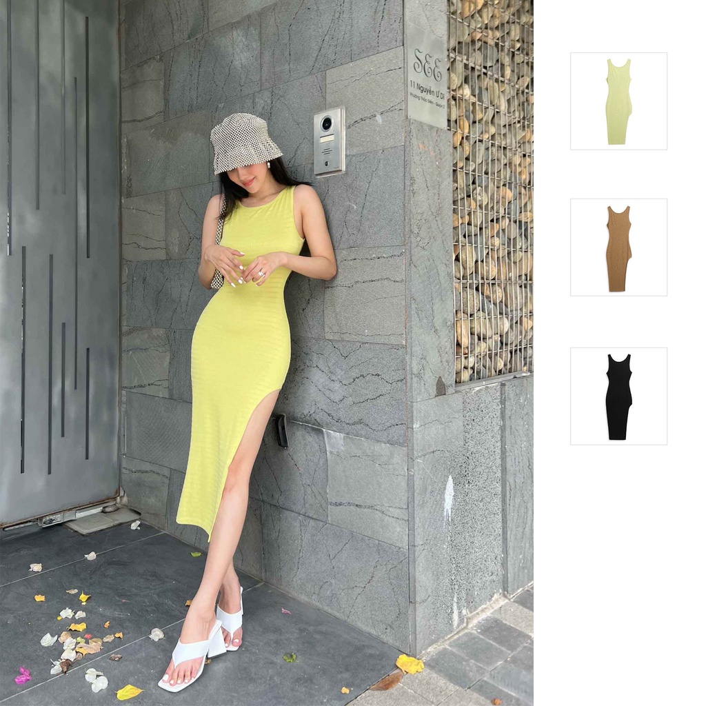 Đầm Dài Nữ Basic Side Slit Dress , Chất Thun Cotton Gân Thái , WDD000050_SOMEHOW