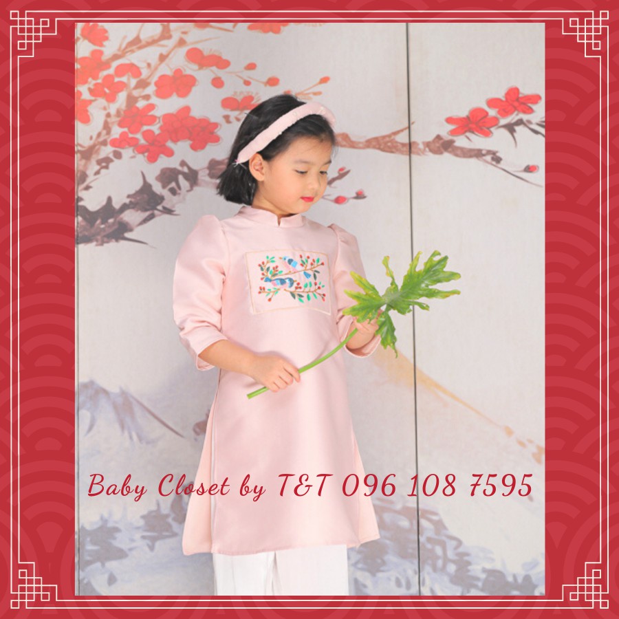 [HÀNG CAO CẤP] Áo dài Tết thêu tay bồng bé gái - 2 màu đỏ, hồng nude