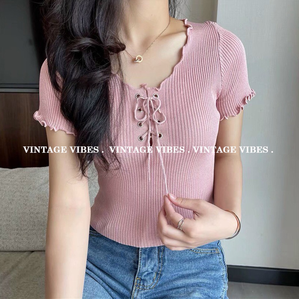 Áo babydoll len đan cổ xỏ dây xinh đẹp (hàng QC) - Ảnh thật cận chất
