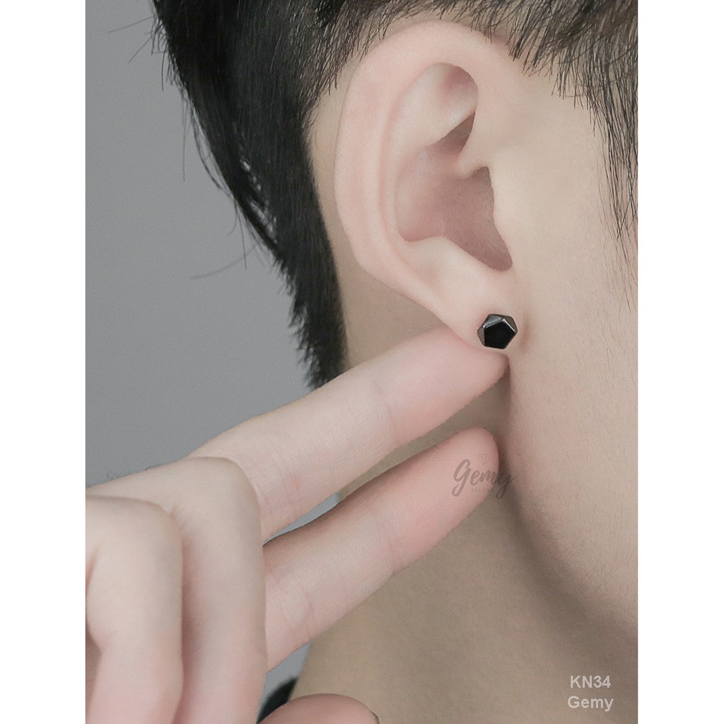 Bông tai, Khuyên tai nam bạc 925 cao cấp Lục Lăng mặt đá đen hoặc trắng đơn giản, unisex KN34 (1 chiếc)| GEMY SILVER