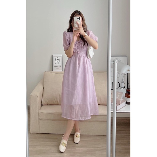 Đầm maxi vải tơ 2 lớp cổ bèo vành to thắt nơ ulzzang, Váy tiểu thư dáng dài cộc tay kiểu nàng thơ siêu đẹp  (TTA136)