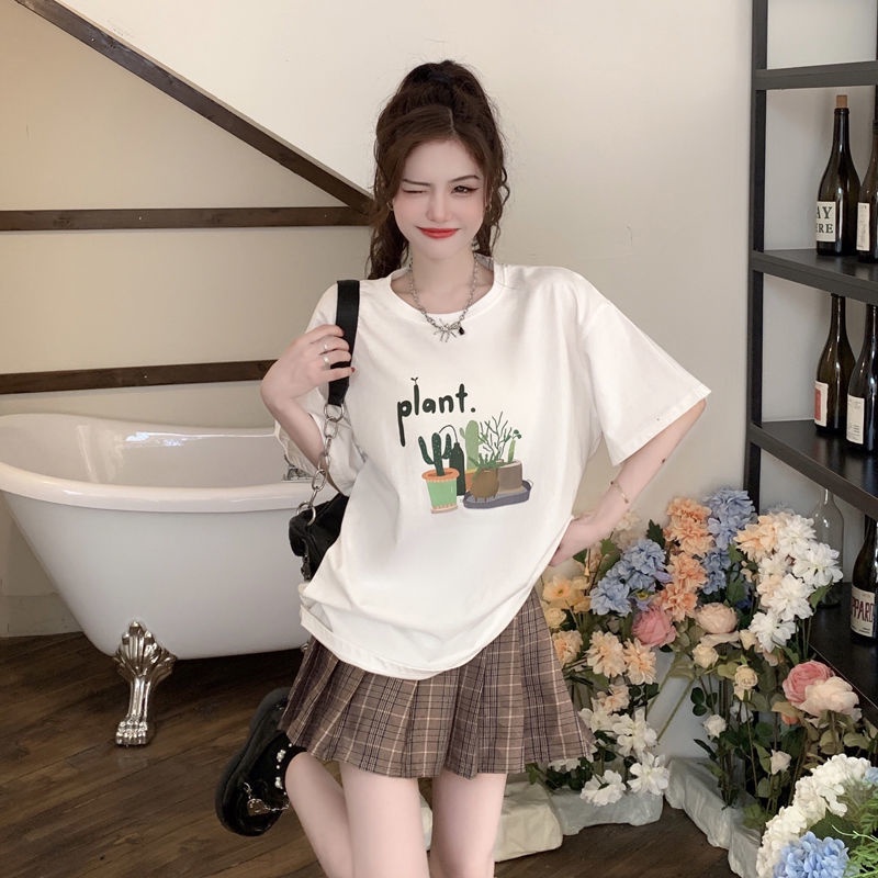 Áo Thun Tay Ngắn Cổ Tròn Dáng Rộng In Họa Tiết Dễ Thương Phong Cách Hàn Quốc