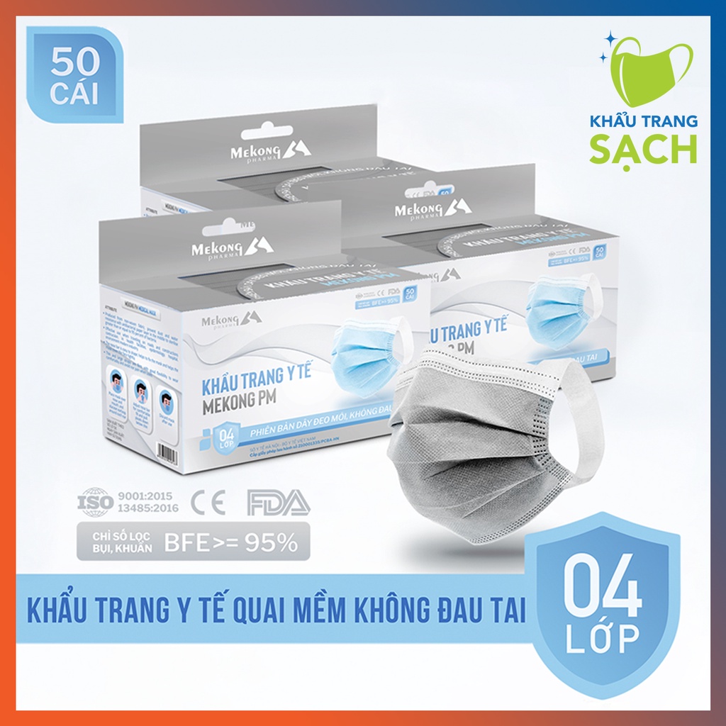 Combo 3 Hộp Khẩu Trang Y Tế Mekong Cao Cấp 4 Lớp Kháng Khuẩn Có Dây Đeo Mềm Không Đau Tai (50 Chiếc/Hộp)