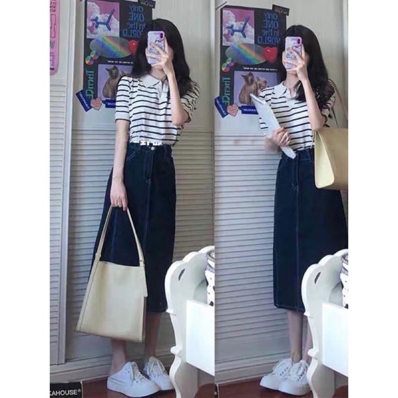 Chân Váy Jean Dáng Dài Nữ [FREESHIP] Đầm mini chỉ nổi kiểu dáng thể thao