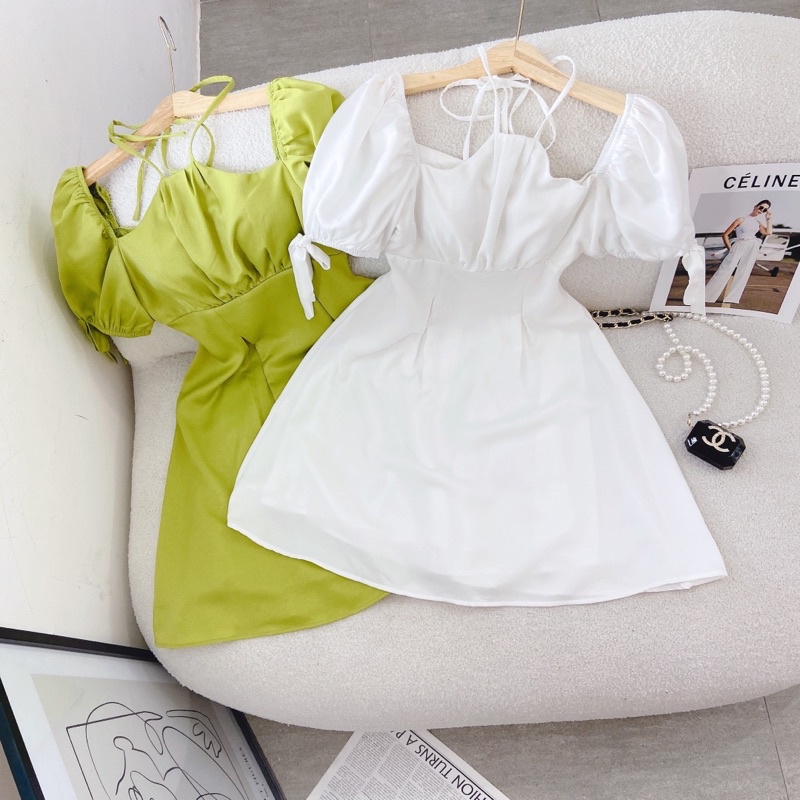 ĐẦM CỔ YẾM TAY PHỒNG NƠ hai màu