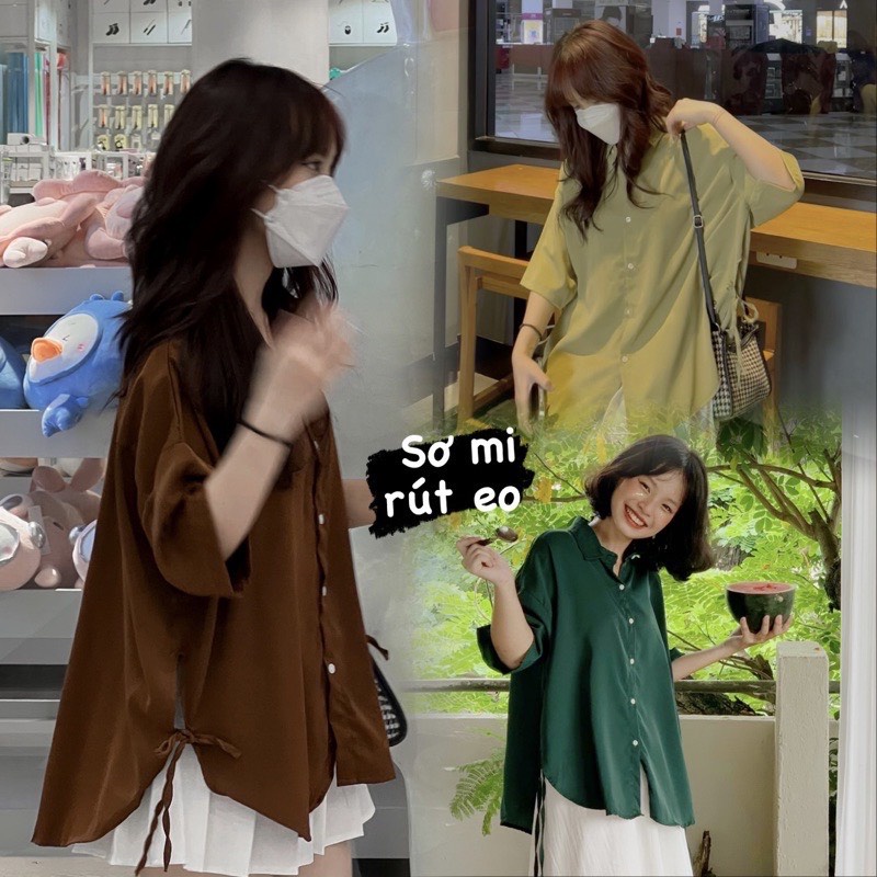 Áo sơ mi ngắn tay chất lụa hàn không nhăn 2 bên buộc dây, áo sơ mi lụa thắt dây eo