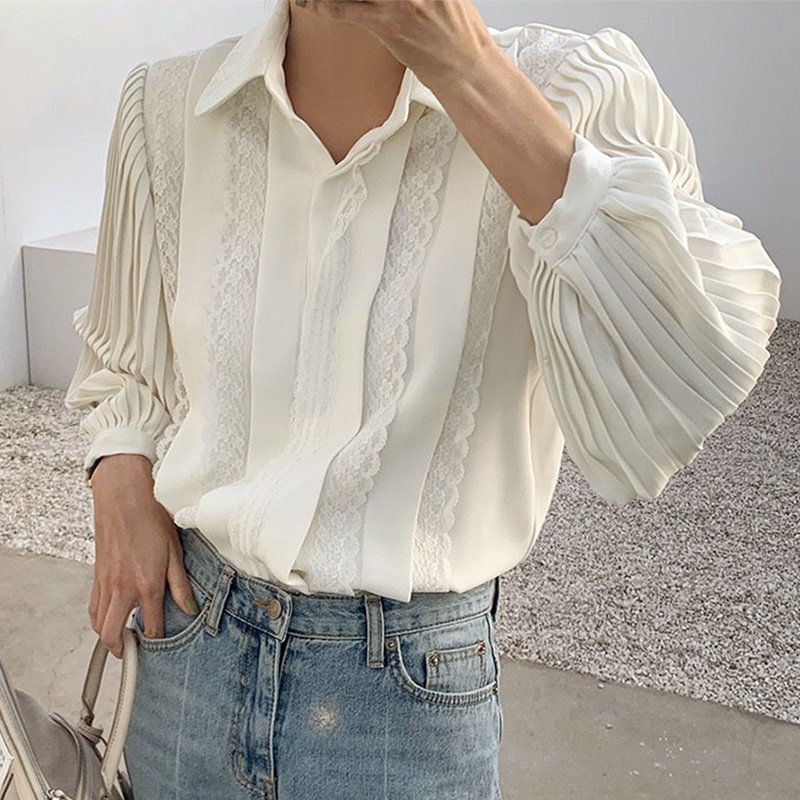 [ORDER] Áo Sơ Mi Dáng Rộng Dài Tay Xếp Ly Phối Ren Phong Cách Hàn Quốc ICC Official Store AO044