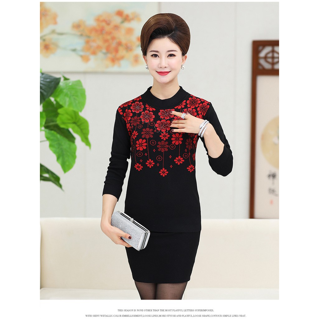 Áo kiểu trung niên nữ_ Áo ấm thu đông cổ cao phối họa tiết sang trọng cho bà cho mẹ (Hàng sẵn) | BigBuy360 - bigbuy360.vn