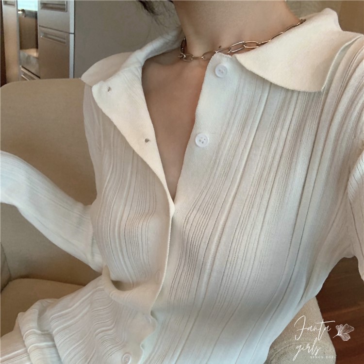 [100% GIỐNG ẢNH] Đầm len dệt kim tay dài màu trắng cổ bẻ đơn giản màu trắng