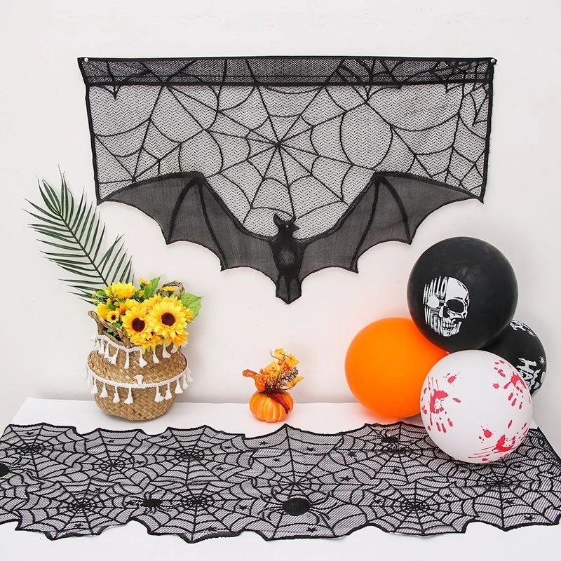 1 Miếng Vải Ren Màu Đen Hình Lưới Nhện / Dơi Trang Trí Bàn Tiệc Halloween