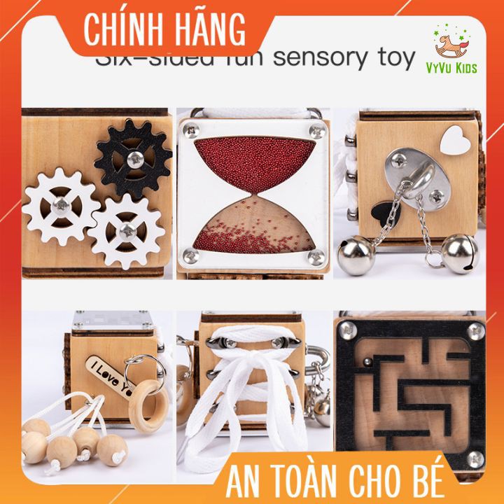 Hộp bận rộn busy cube 6in1- giáo cụ Montessori đồ chơi thông minh cho bé rèn luyện vận động tinh VyVu Kids