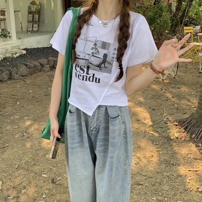 Áo Thun Croptop Ngắn Tay Form Ôm In Họa Tiết Phong Cách Vintage