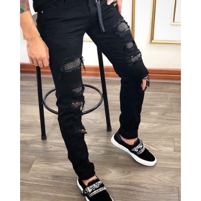 ⚡️FREESHIP⚡️Quần Bò Aimiri Nam đen rách đính đá_Quần jean Aimiri ống côn co giãn New