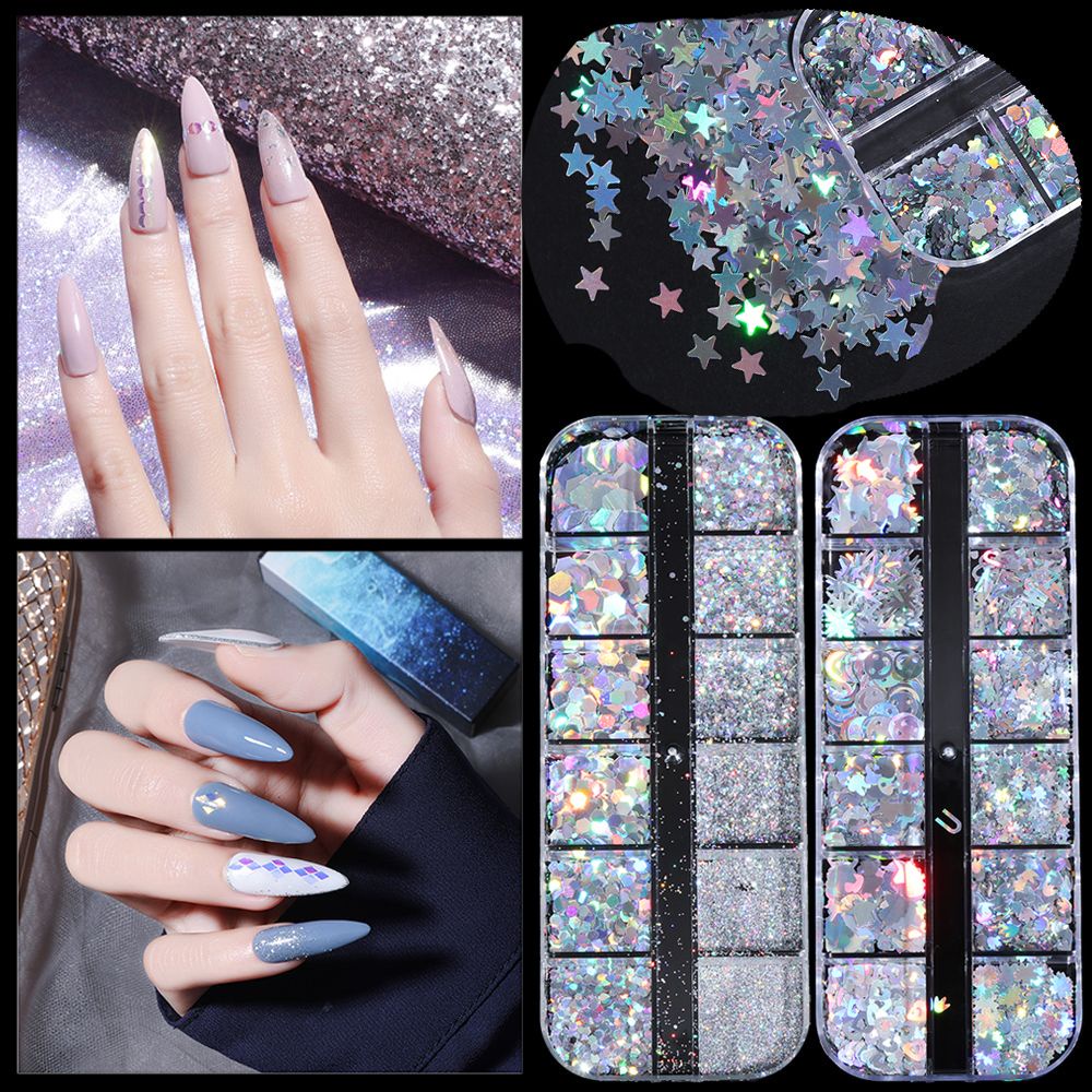 [Hàng mới về] Kim tuyến trang trí móng tay nghệ thuật họa tiết ngôi sao/mặt trăng 3D lấp lánh