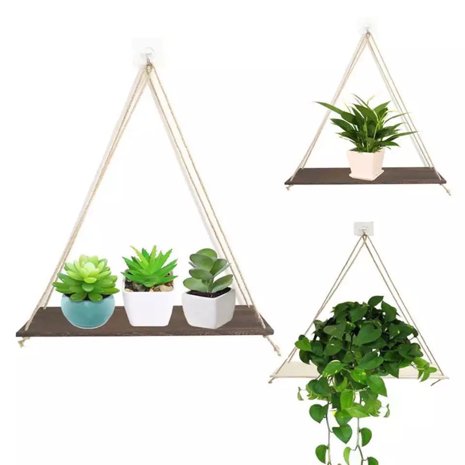 Kệ gỗ treo tường dây thừng 10X30cm 1 tầng có khoan gỗ, kệ gỗ trang trí decor có thể để đồ lưu niệm lọ hoa cây cảnh