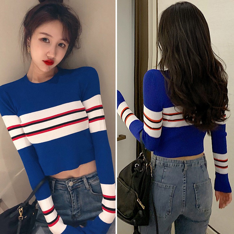 Áo Croptop dệt kim hoạ tiết kẻ sọc phong cách vintage