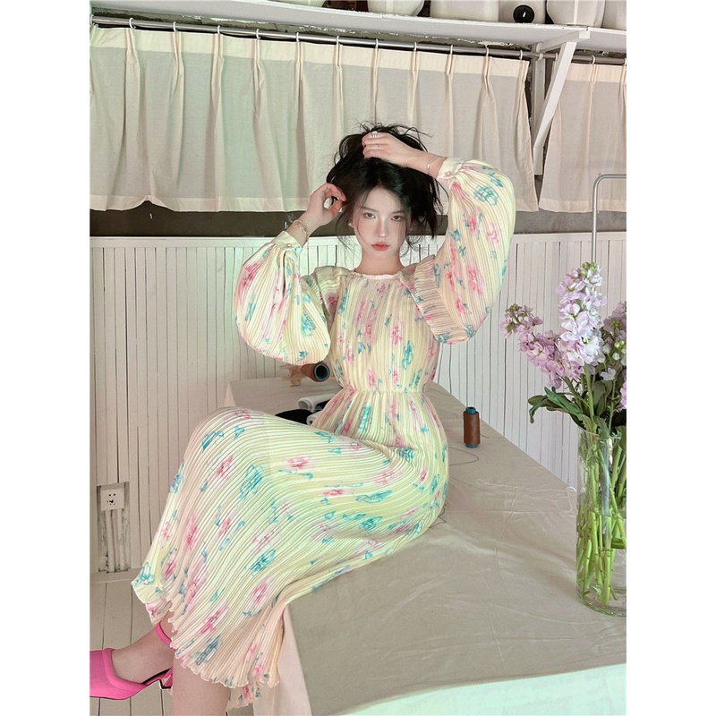 Đầm nữ tiểu thư dập ly dáng dài cổ tròn thanh lịch maxi đi biển AK3060