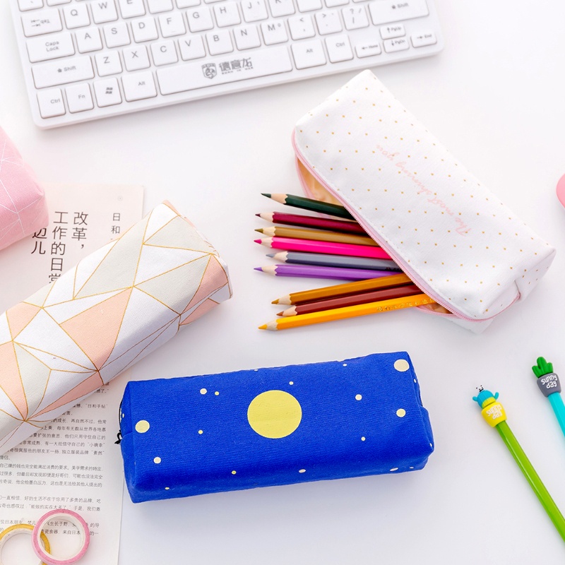 Túi Đựng Bút Bằng Vải Canvas Họa Tiết Hình Học Xinh Xắn