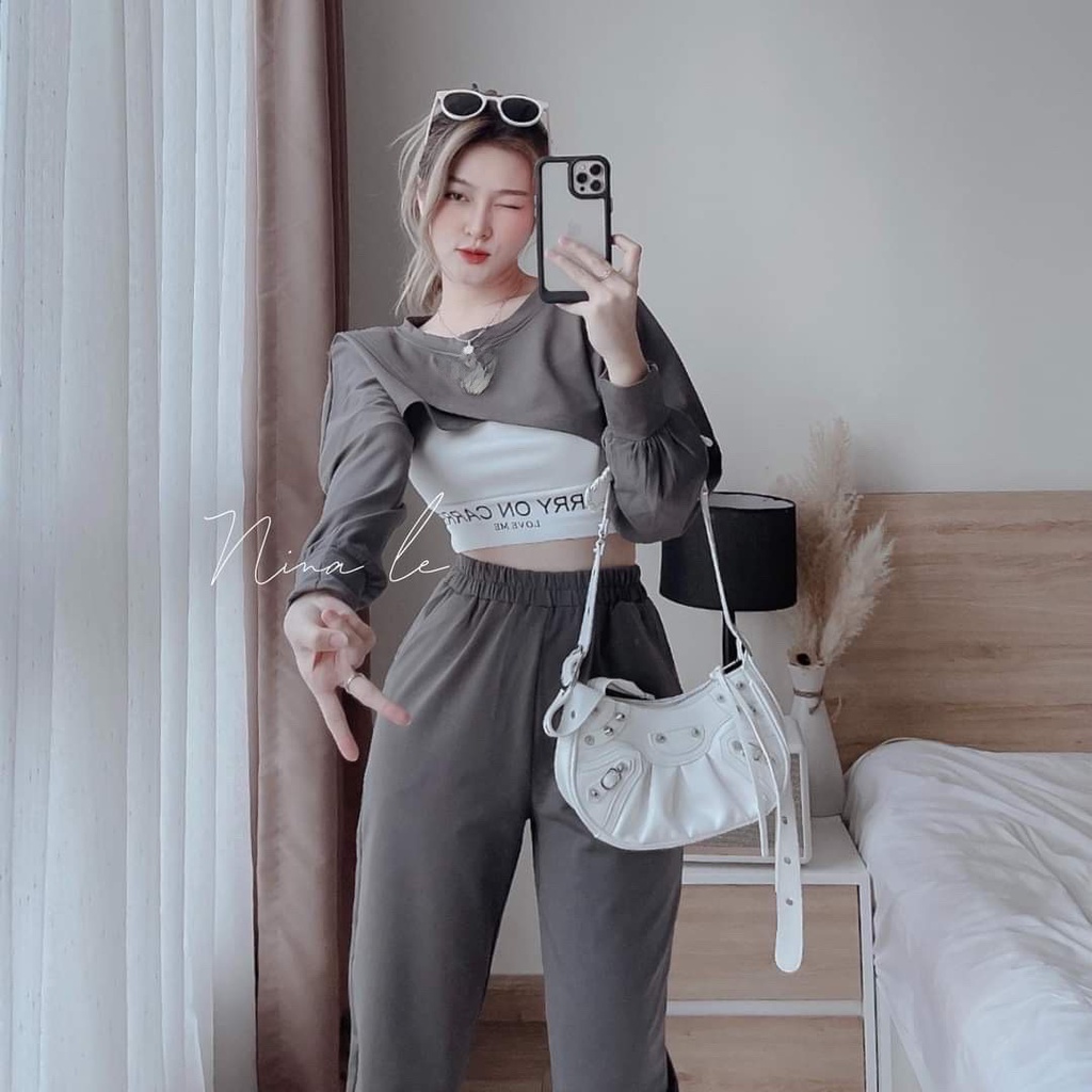Set bộ thể thao nữ 3 món, set áo tay dài croptop mix quần dài ống túm dạo phố cá tính,năng động