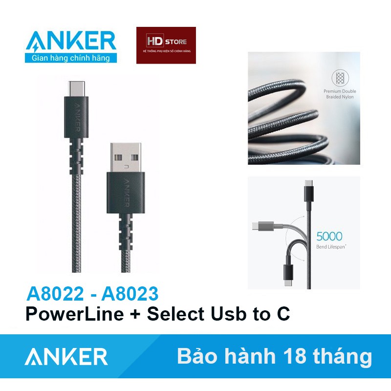 Cáp ANKER PowerLine Select + Usb A to Usb C 2.0 Hỗ trợ sạc nhanh QC3.0 - Mã A8022 A8023