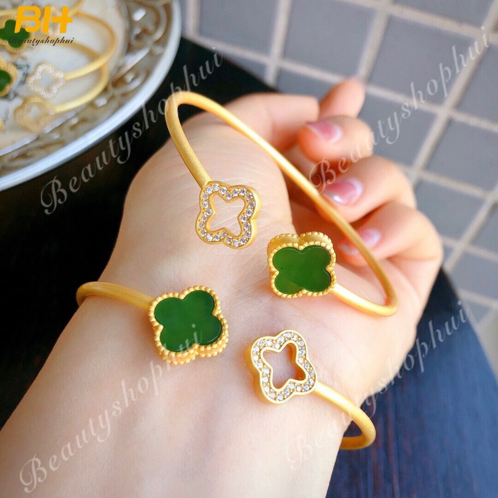 Vòng Tay Hở Mạ Bạc 925 Hình Cỏ Bốn Lá Đính Đá Ngọc Bích Trắng