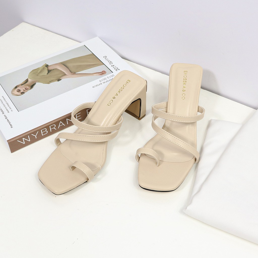 Giày Sandal Nữ Xỏ Ngón Gót Vuông Mũi Vuông Phối Dây Quai Mảnh Tinh Tế Erosska Cao 7 Cm Màu Đen Da Bò Kem