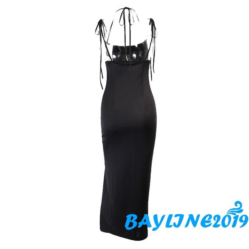 BAY-Women Solid Color Tight Dress, Square Neck Suspender High Side Split Ankle Long Dress, Women Clothing