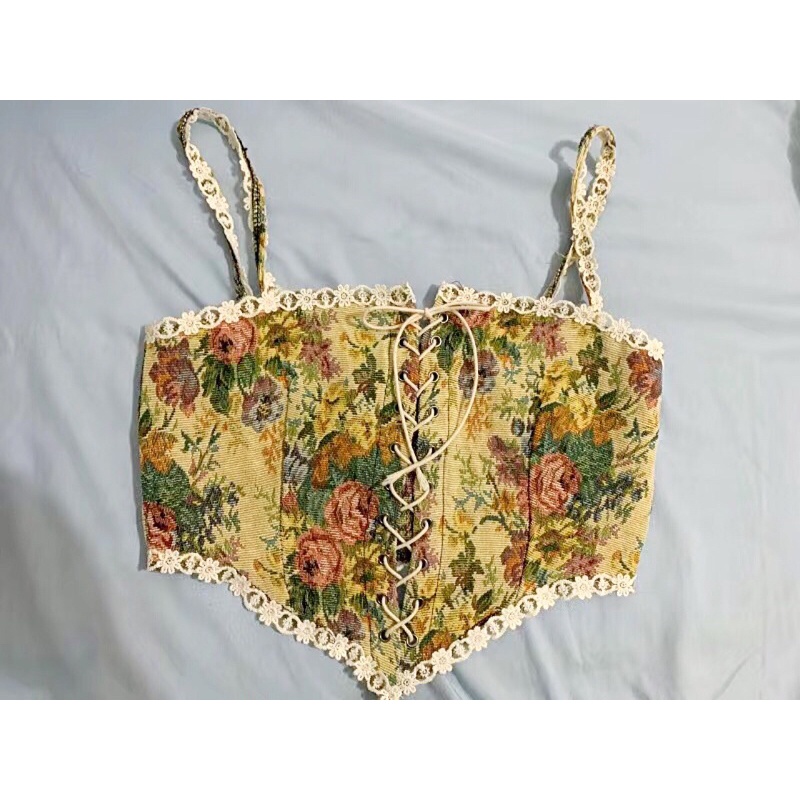 Áo corset hai dây phong cách Pháp, áo hoa retro phong cách cổ điển