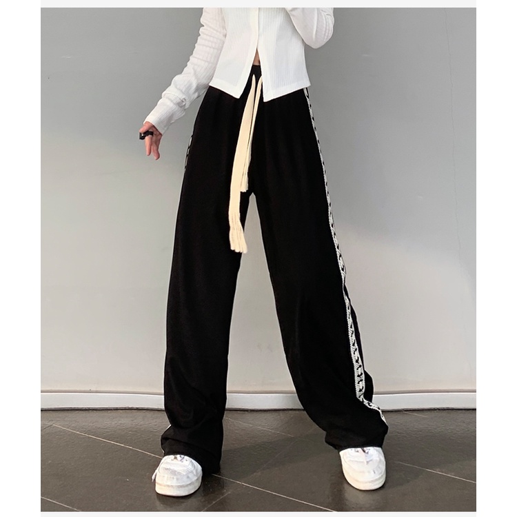 Quần Dài Thể Thao Ống Rộng Dáng Suông Phối Dây Rút Thời Trang Mùa Thu Cho Nữ