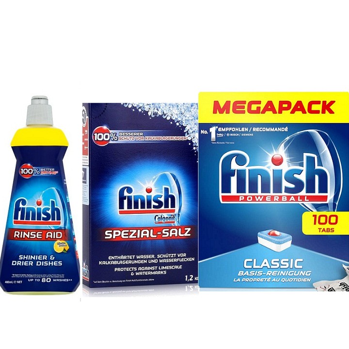Combo viên rửa bát Finish hộp 100+ muối làm mềm nước Finish 1,2kg+ chai nước làm bóng finish 400 ml chuyên dùng cho máy
