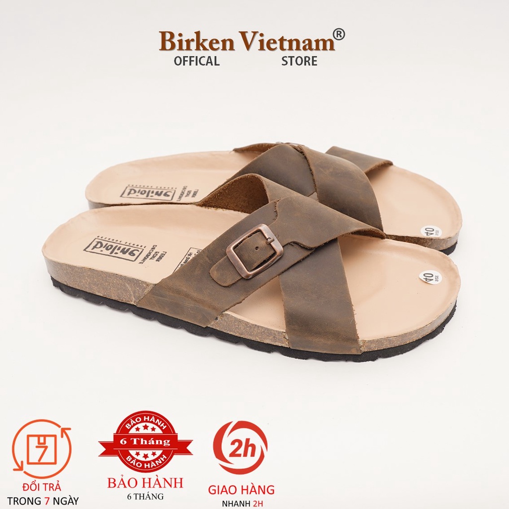 [ New Style ] MÃ DK17 Sandal DA BÒ Đế Trấu Lót PU Chống Nước Quai Chéo Khóa Cài Unisex Birken Vietnam Bioline