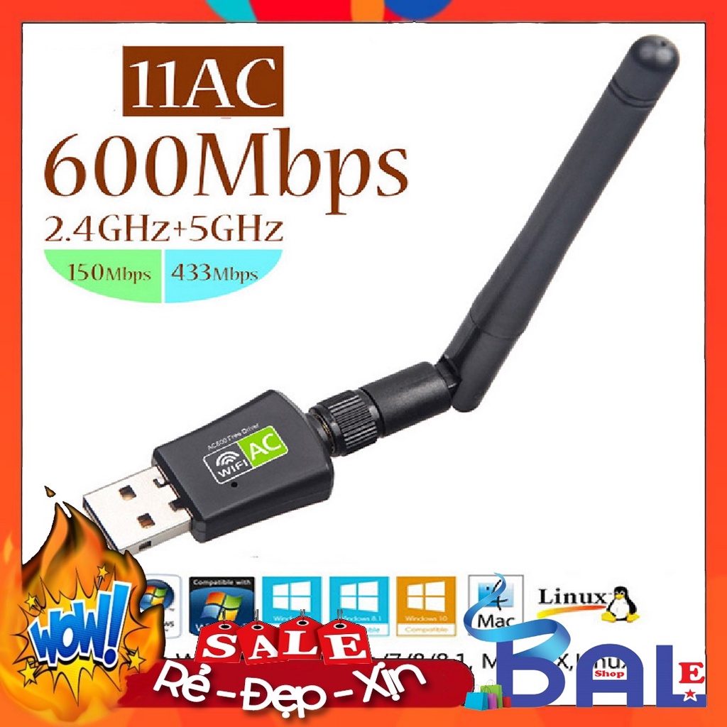 Usb thu sóng wifi 802.11 600Mbps tích hợp Anten cho máy bàn, laptop