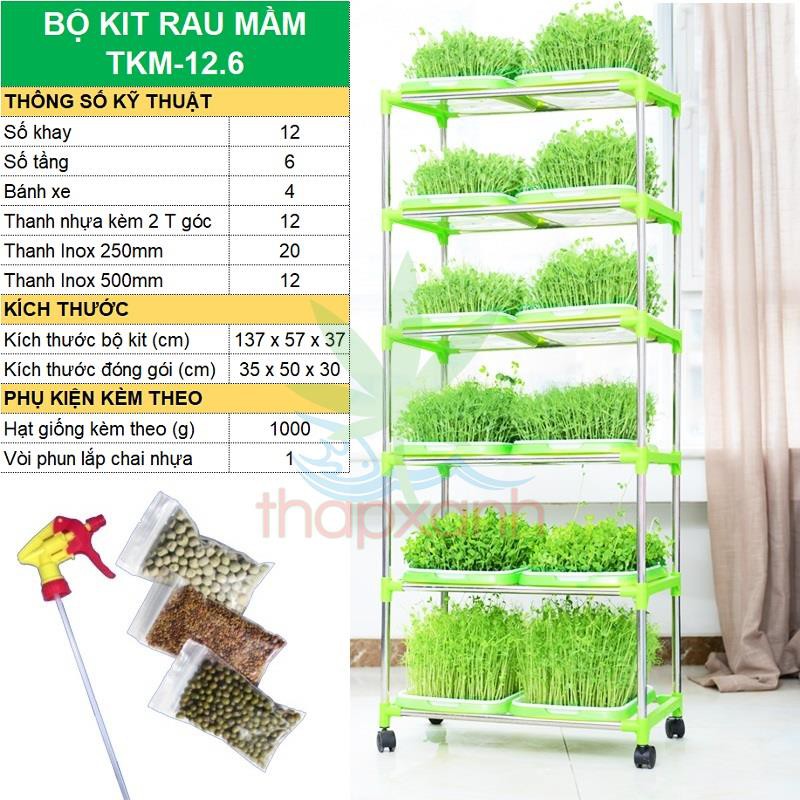 Bộ kit Khay trồng rau mầm thủy canh chuyên dụng TKM-12.6, Khay, Giá đỡ, Vòi xịt, Hạt giống